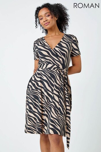 Roman Brown & Black Petite Abstract Print Jersey Wrap Dress (K56351) | £38