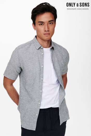 Only & Sons grey Short Sleeve Button Up Shirt Contains Linen (K56411) | £32
