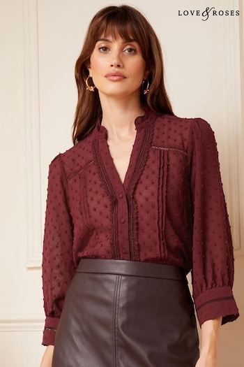 Love & Roses Burgundy Red Dobby Lace Trim 3/4 Sleeve Button Through Blouse (K56585) | £36