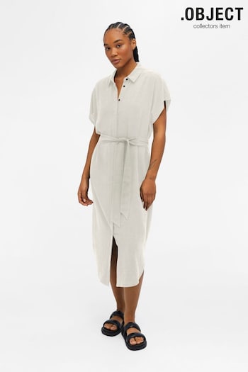 OBJECT Natural Linen Blend Midi Shirt Dress With Tie Waist (K56625) | £60