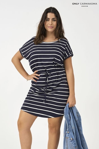 ONLY Curve Navy Blue & White Stripes Curve V Neck Jersey T-Shirt Dress (K56629) | £18