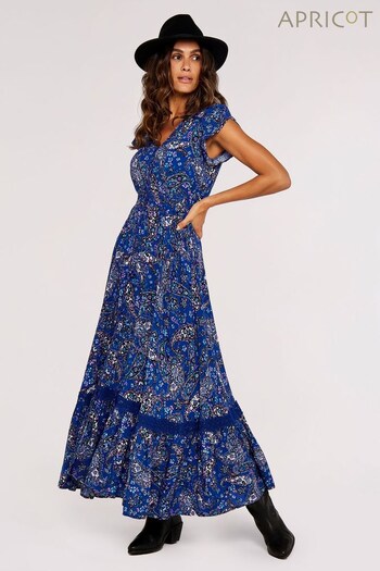 Apricot Blue Painterly Paisley Crochet Dress (K56693) | £45