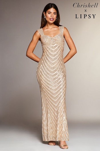 Lipsy Gold Petite Premium Placed Sequin Ruched Bust Maxi Dress (K56741) | £155