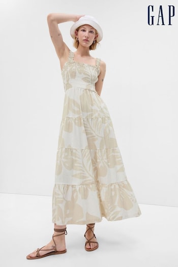Gap Cream/Beige Hibiscus Linen-Blend Tiered Maxi Dress (K56875) | £85