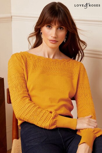 Thinking of You Ochre Yellow Pointelle Knit Scallop Neck Jumper. (K56915) | £38