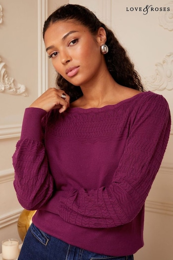 Tops, T Shirts & Polos Purple Pointelle Knit Scallop Neck Jumper (K56917) | £38