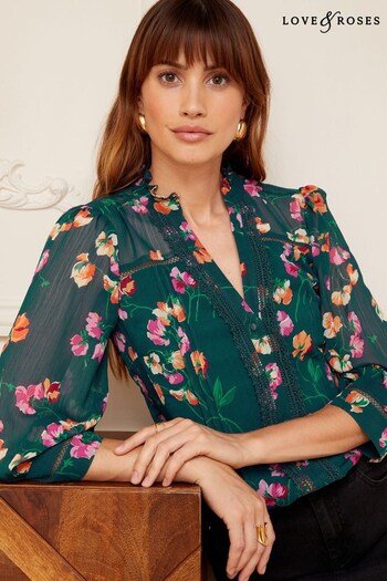 Love & Roses Teal Floral Petite Dobby Lace Trim 3/4 Sleeve Button Through Blouse (K56966) | £38