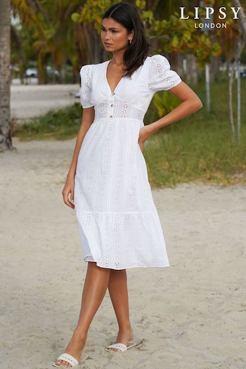 Lipsy White Broderie V Neck Puff Sleeve Midi Summer Dress (K57177) | £27