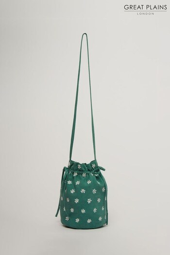 Great Plains Green Daisy Embroidery Drawstring Pouch Bag (K57202) | £35