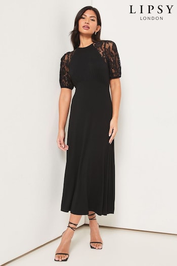 Lipsy Black Lace Petite Jersey Puff Short Sleeve Underbust Summer Midi Dress (K57235) | £42