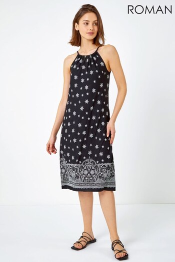 Roman Black Strappy Border Print Stretch Jersey Dress (K57255) | £36