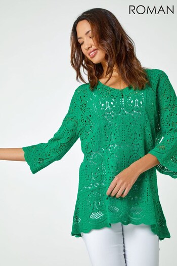 Roman Green Crochet V Neck 3/4 Sleeve Tunic Top (K57266) | £38
