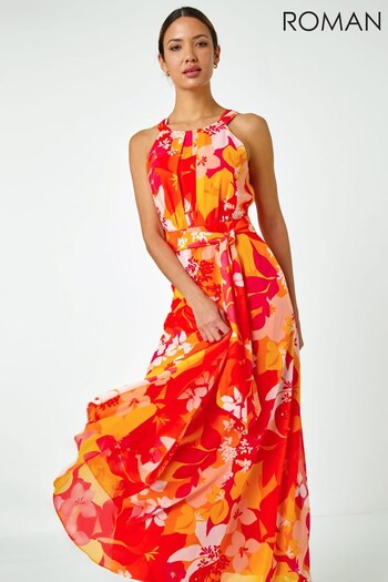 Roman Pink Red & Orange Tropical Print Halterneck Maxi Dress (K57274) | £60
