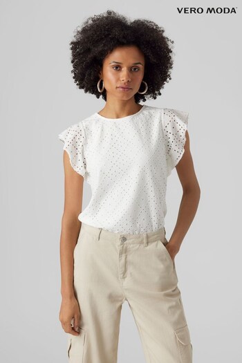 VERO MODA White Broderie Frill Sleeve T-Shirt (K57398) | £18