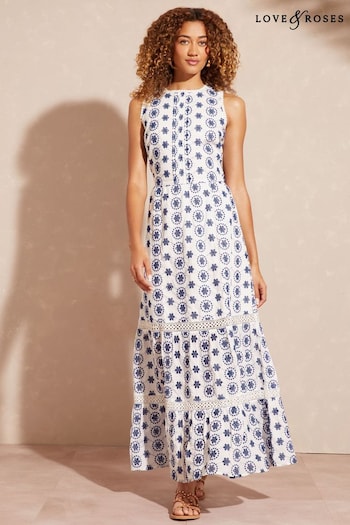 Love & Roses White Petite Contrast Broderie Lace Trim Maxi Dress print (K57426) | £62