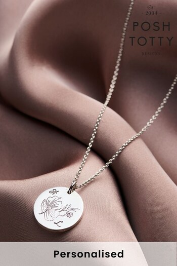 Personalised Engraved Birth Flower Initials Necklace by Posh Totty (K57457) | £49