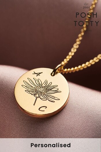 Personalised Engraved Birth Flower Initials Necklace by Posh Totty (K57458) | £59
