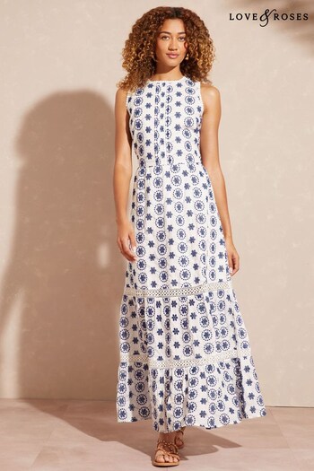 Love & Roses White Contrast Broderie Lace Trim Maxi Dress print (K57509) | £62