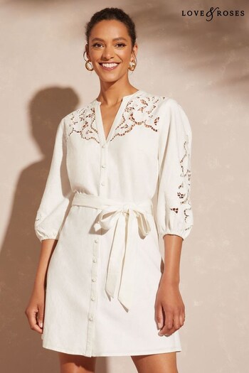 Love & Roses White Lace Insert V Neck 3/4 Sleeve Belted Button Mini Dress (K57517) | £50