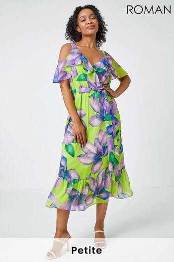 Roman Green Multi Petite Cold Shoulder Floral Frill Midi Dress (K57544) | £55