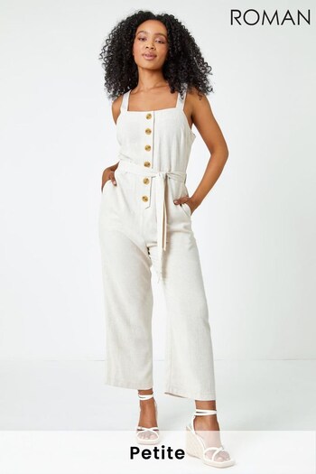 Roman Cream Petite Sleeveless Belted Linen Jumpsuit (K57545) | £40