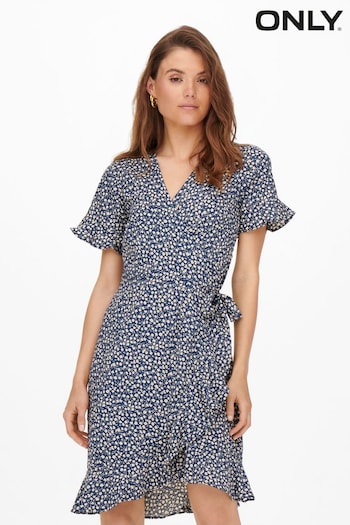 ONLY Blue Floral Ditsy Short Sleeve Wrap Summer Midi Dress (K57549) | £25