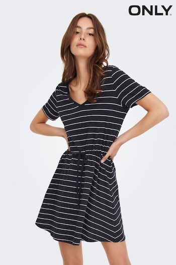 ONLY Navy Blue & White Stripes V Neck Jersey T-Shirt Dress (K57553) | £28