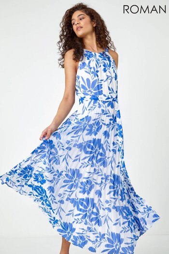 Roman White & Blue Floral Chiffon Halter Neck Maxi Dress (K57568) | £70