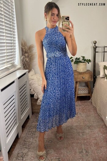 Style Cheat Blue Spot Luisa Halter Pleated Maxi Dress (K57633) | £65