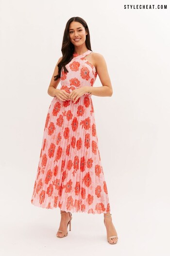 Style Cheat Blush Floral Paige Belted Pleated Midi Dress (K57635) | £32