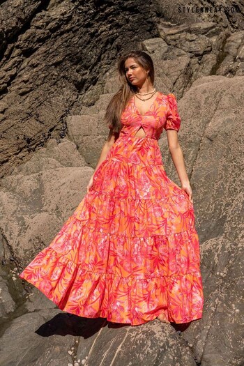 Style Cheat Pink Orange Floral Zoe Puff Sleeve Tiered Maxi Dress (K57638) | £65