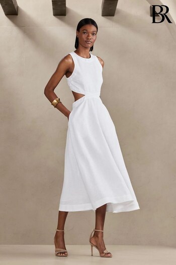 Banana Republic White Lina Linen Cutout Midi Dress (K57645) | £150