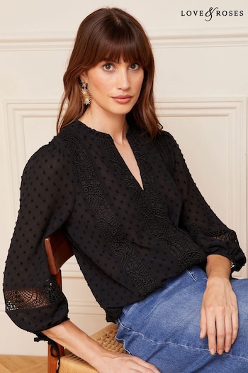 All Girls New In Black Petite Ruffle Neck Lace Trim Tie Cuff 3/4 Sleeve Dobby Spot Blouse (K57658) | £39