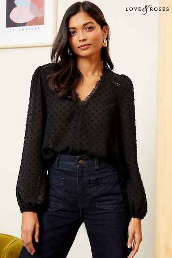 A-Z Girls Brands Black V Neck Lace Long Sleeve Lace Trim Dobby Blouse (K57665) | £35