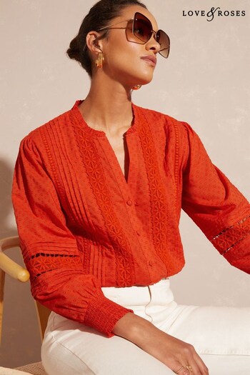 A-Z Mens Sports Brands Orange Cotton Dobby Lace Trim Frill Neck Long Sleeve Blouse (K57669) | £38