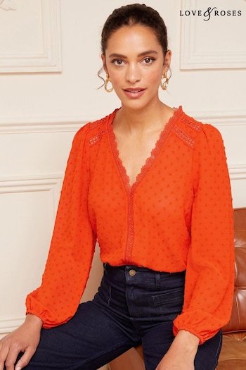 Love & Roses Orange V Neck Lace Long Sleeve Lace Trim Dobby Spot Blouse (K57673) | £35