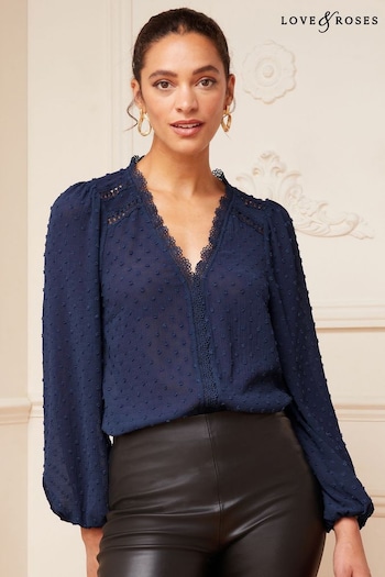 Camping & Accessories Navy V Neck Lace Long Sleeve Lace Trim Dobby Blouse (K57675) | £35