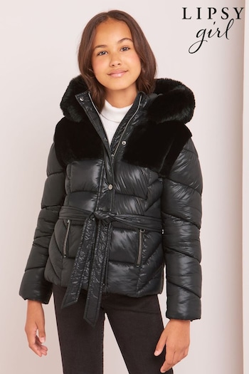 Lipsy Black Faux Fur Hybrid Padded Coat With Hood (K57708) | £62 - £70