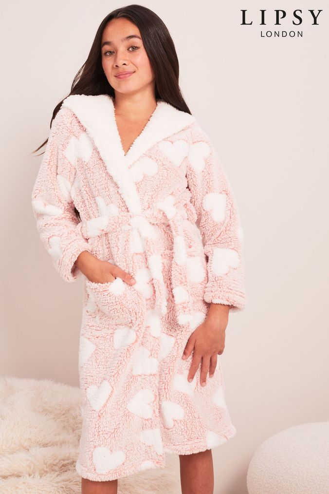 Lipsy Pink Heart Print Cosy Fleece Longer Line Dressing Gown (K57729) | £25 - £33
