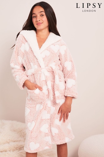 Lipsy Pink Heart Print Cosy Fleece Longer Line Dressing Gown (K57729) | £25 - £33
