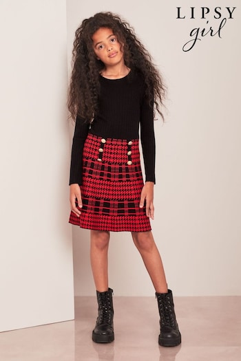 Lipsy Red Check 2in1 Long Sleeve Knitted Dress (K57741) | £38 - £46