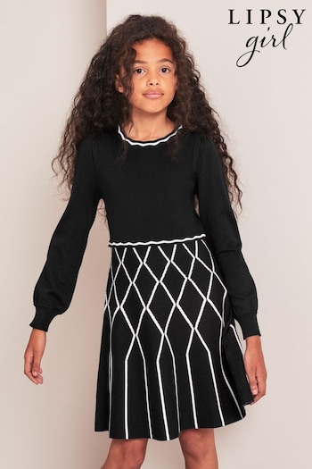 Lipsy Monochrome Check 2in1 Long Sleeve Knitted Dress Long (K57744) | £38 - £46