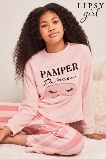 Lipsy Pink Velour Twosie Graphic Pyjamas (K57750) | £24 - £32
