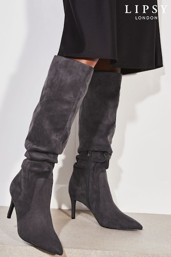Lipsy Grey suedette Regular Fit Long Knee High Ruched Mid Heeled Boot (K57760) | £65