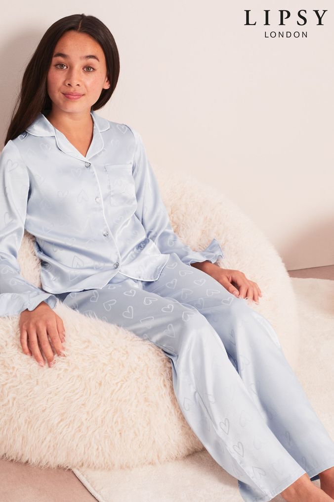 Lipsy Blue Fluted Sleeve Satin Pyjamas (K57768) | £25 - £33