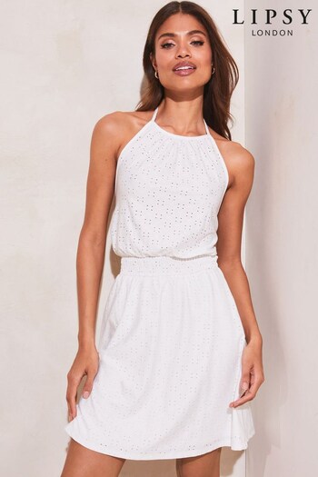 Lipsy Ivory White Jersey Broderie Fit and Flare Halter Mini Elastic Dress (K57775) | £44