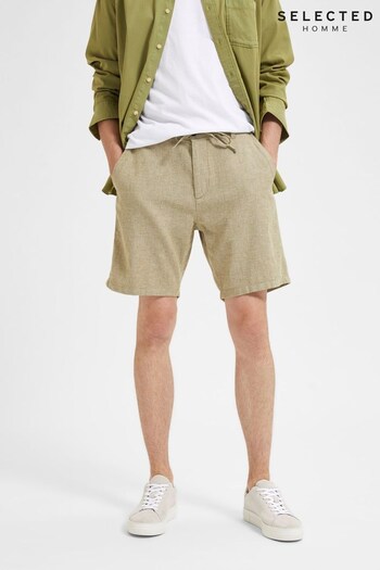 Selected Homme Olive Green Tie Waist fermeture Shorts Contains Linen (K57868) | £45