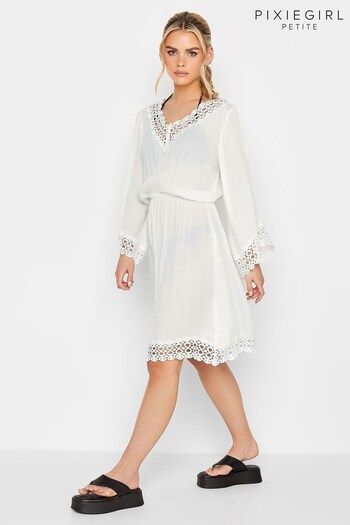 PixieGirl Petite White Crochet Kaftan Dress (K57920) | £27