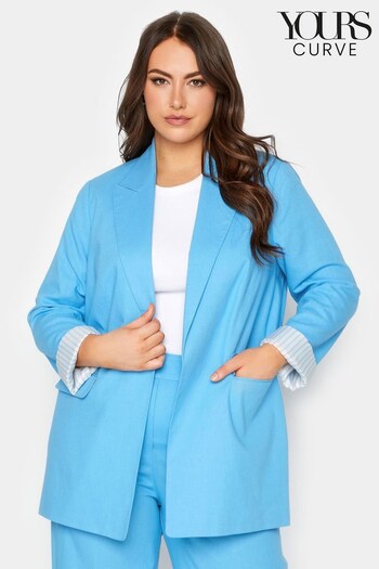 Yours Curve Blue Linen Tailored Blazer Contains Linen (K58113) | £21