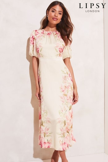 Lipsy Cream Floral Puff Sleeve Round Neck Split Midi Dress (K58292) | £72